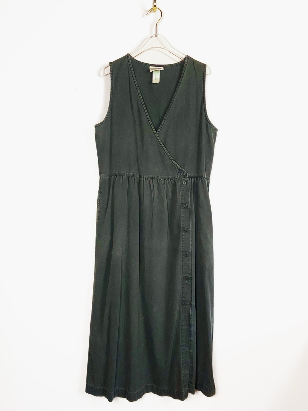 Vtg 90s Cotton Olive Green Sleeveless Wrap Button Front Dress size M Trad Wife